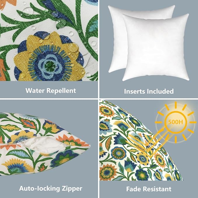 LVTXIII 2 Pack Outdoor Pillows 18x18 Inch, Square Throw Pillows with Inserts, Decorative Water-Repellent Pillow Cushions for Patio Furniture and Garden Sofa, Fiesta Floral