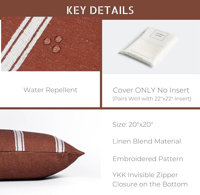 Modern Farmhouse California Casual Indoor Outdoor Throw Pillow Cover, 20"x20" Water Repellent for Patio, Backyard, Couch, Poolside, Rust Orange White Embroidered Stripes