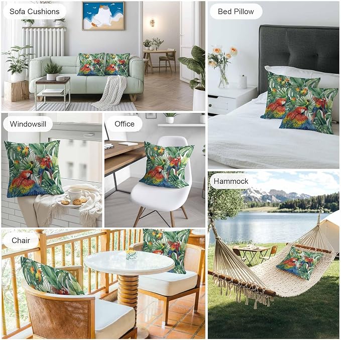 Pack of 2 Waterproof Outdoor Pillow Covers 26x26 Inch Decorative Pillow Covers Tropical Plants Throw Pillowcases Summer Rustic Monstera Palm Leaves Birds Green Outdoor Cushion Cover for Couch, Patio