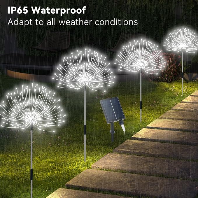 Slyuexu Solar Garden Lights Outdoor Waterproof, 4 Pack Total 480 LED Solar Firework Lights Decorative with 8 Lighting Modes Outside for Yard Pathway Flowerbed Decor, White