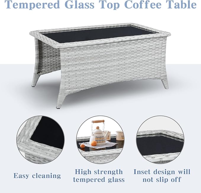 Belord Outdoor Coffee Table with Tempered Glass Top, Patio Rectangular Light Grey Wicker Table, Handwoven Rattan Coffee Table Compatible with Patio Furniture Sets for Porch Deck Backyard