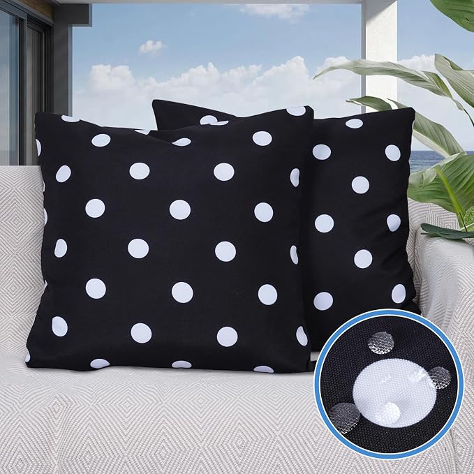 Eternal Beauty 18X18'' Set of 2 Waterproof Outdoor Pillow Covers for Spring Summer Patio Throw Pillows, Black White Polka Dot, 18X18 inches