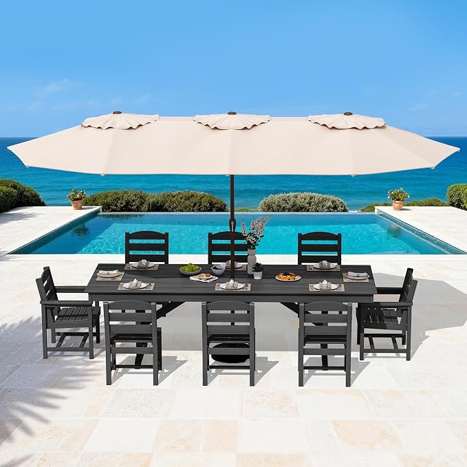 SERWALL 9 Piece Outdoor Dining Set, 84" HDPE Outdoor Table with 6 Armless Chairs and 2 Armchairs ，All Weather Patio Dining Furniture Set with Umbrella Hole for Backyard, Garden, Black