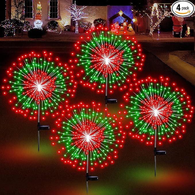 Tujoe 4 Pack Christmas Outdoor Garden Decoration Solar Firework Light Decor | Solar Firework Lights, 180 LED, 8 Lighting Modes, 32" to 51" Height, Outdoor Garden Yard Pathway Paty Decoration, Red, Green