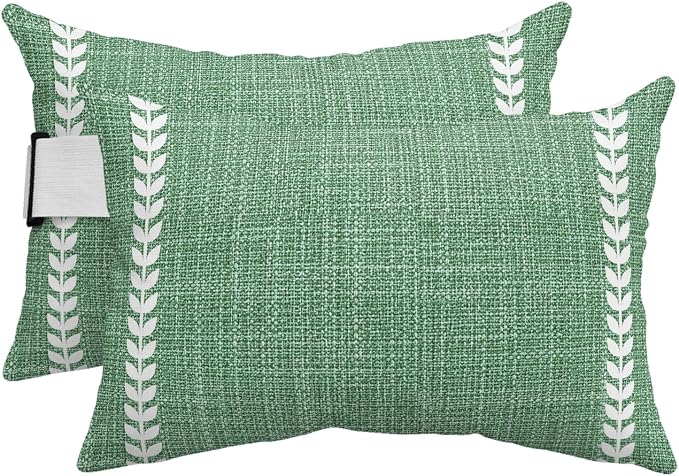 Forest Sage Green Outdoor Lumbar Pillows 11x16 Set of 2, Spring Botanical Lines Art Simple Waterproof Throw Pillow Covers with Insert, Decorative Pillowcase Cushion for Couch Sofa Bed