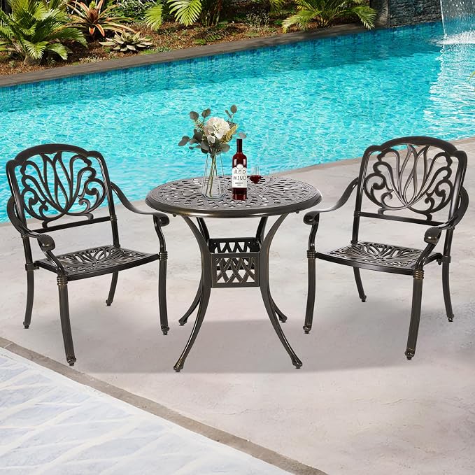 Patio Dining Table,Cast Aluminum Patio Table with Umbrella Hole, Outdoor Bistro Table for Backyard, Garden, Patio