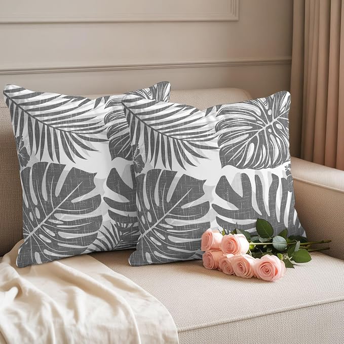 Grey Palm Leaves Outdoor Pillow Covers 18"x18" Set of 2, Tropical Botanical Minimalist Modern Waterproof Throw Pillow Covers for Patio Furniture, Decorative Cushion Covers for Porch
