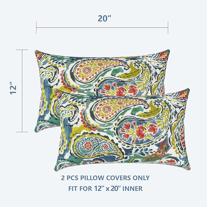 LVTXIII Set of 2 Patio Lumbar Pillow Covers ONLY, 12" x 20" Fade Resistant Outdoor Lumbar Pillow Cases, Fluffy Decorative Garden Lumbar Cushions Covers for Home Patio Coach Sofa Use, Paradise Paisley
