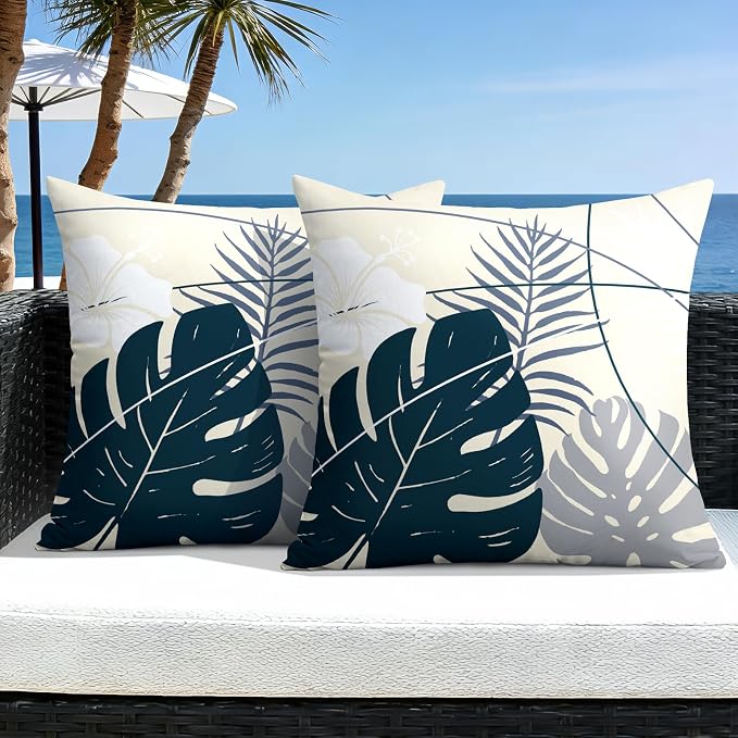 OTOSTAR Outdoor Waterproof Throw Pillow Covers 20x20 Inch Set of 2 Double-Sided Dark Blue Grey Tropical Leaf and Flower Spring Summer Decorative Pillow Cases for Patio Funiture Garden Balcony Couch