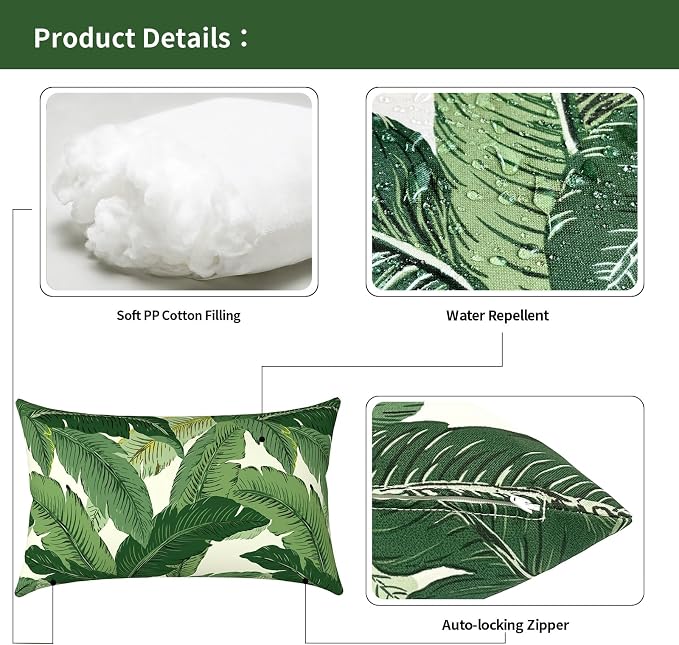 Outdoor Lumbar Pillows 12x20 inch, Rectangle Throw Pillows with Inserts, Decorative Lumbar Cushions for Patio Furniture Garden Couch Home Sofa Office Chair, Pack of 2, Swaying Palms Green