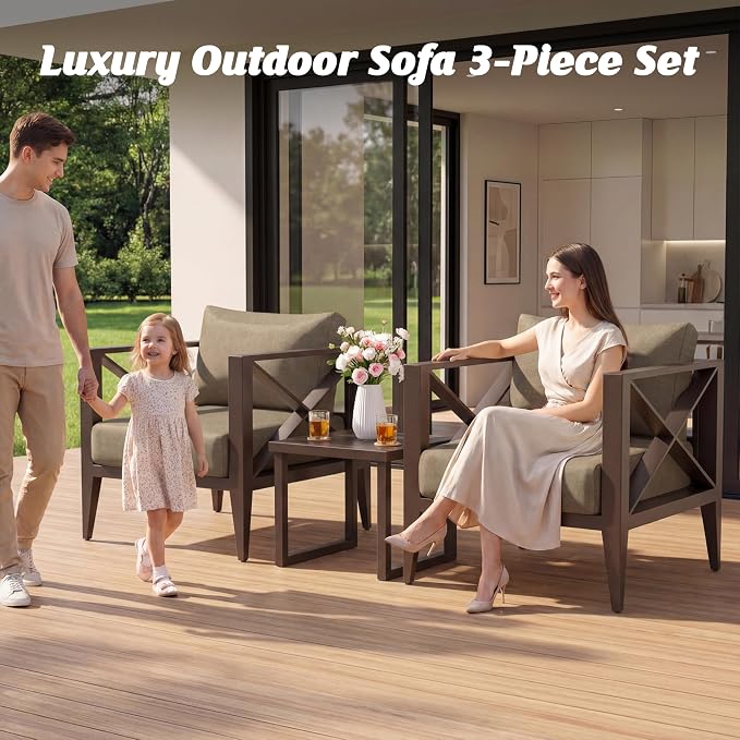 Aluminum Outdoor Patio Furniture Set with 43" Fire Pit Table, 10-Piece Outdoor Sectional with 5.2" Thick Cushions, Patio Conversation Sets for Backyard,(Brown,8 Seats)