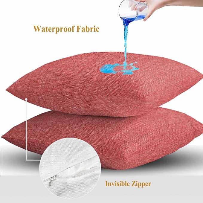 Outdoor Waterproof Throw Pillow Covers Set of 2 Coral Red Linen Pillowcases 16x16 Inches Farmhouse Pure Color Decorative Pillows Cushion Case Patio Pillows for Couch Bed Chair Garden