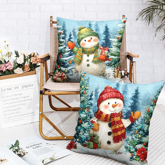 Lovely Green and Red Snowman Pillow Covers Christmas Throw Pillow Covers 22x22 Set of 2 Winter Xmas Tree Pine Forest Pillowcase Holiday Cushion Case for Couch Sofa