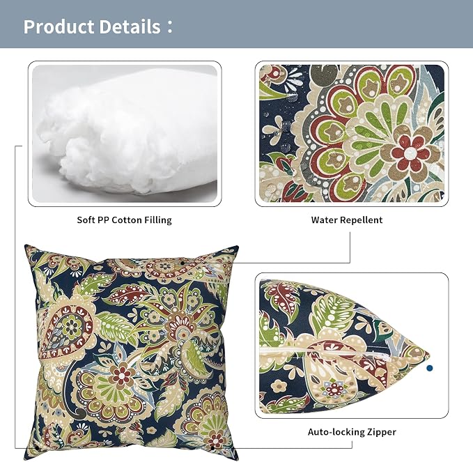 Outdoor Pillows with Insert 18x18 Inch, Waterproof Throw Pillow for Patio Furniture, Decorative Back Cushion for Garden Home Sofa Office Chair, Set of 2, Paisley Sapphire Blue