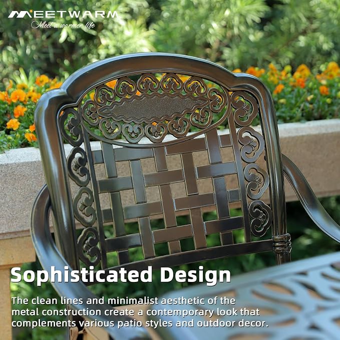 MEETWARM 7-Piece Outdoor Furniture Dining Set, All Weather Cast Aluminum Patio Garden Set with 6 Chairs, 1 Rectangular Table, 2" Umbrella Hole, Dark Bronze