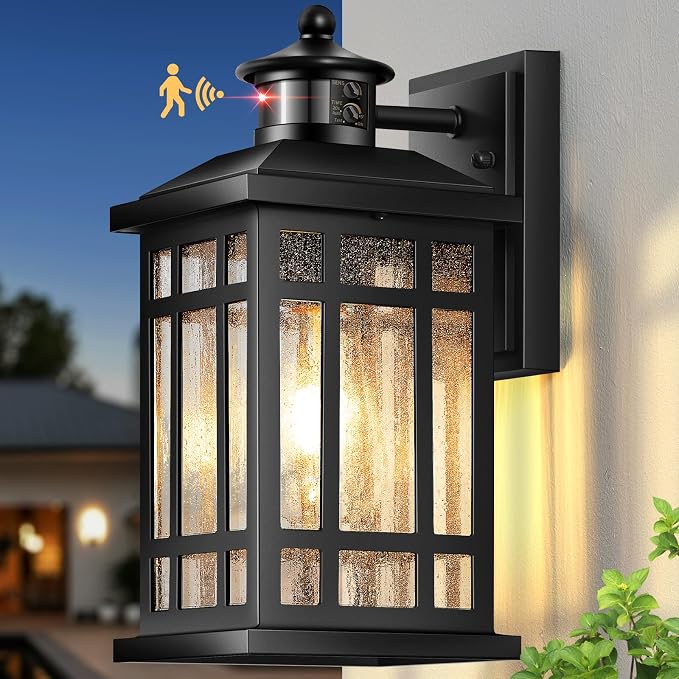 Motion Sensor Outdoor Wall Light, Adjustable Sensing Range Outside Lights for House, Black Dawn to Dusk Sconce Lights for Patio, Anti-Rust Waterproof Porch Lantern Wall Mount with Bubble Glass