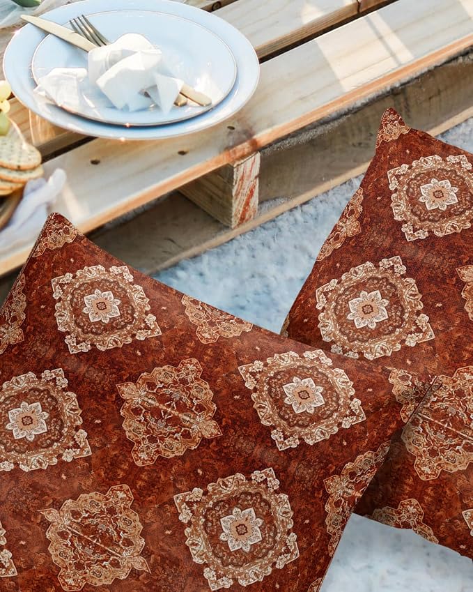 Prime Leader Outdoor Waterproof Pillow Covers Set of 2, Medieval Turkish Patterns Mural Wallpaper Retro Patio Throw Pillow Covers, Decorative Cushion Case for Couch Sofa Furniture Garden, 20x20 Inch