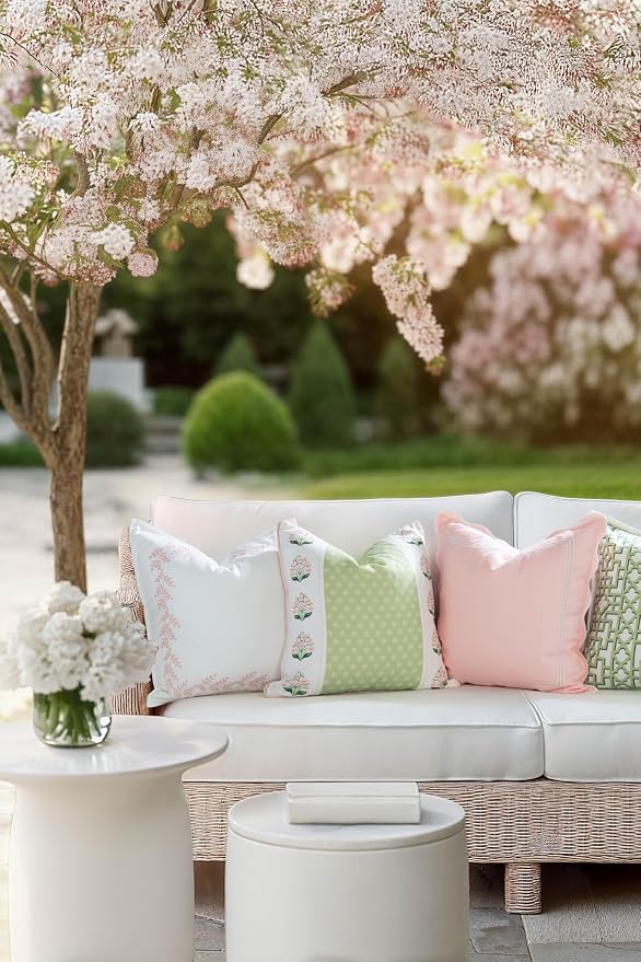 Hofdeco Premium Grandmillennial Patio Indoor Outdoor Throw Pillow Cover Only, 20"x20" Water Repellent for Backyard, Couch, Poolside, Grass Green Pink Print Block Print Striped Lily of the Valley