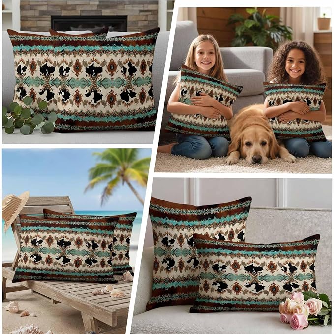 Boho Cowhide Outdoor Pillow Covers 18"x18" Set of 2, Western Aztec Tribal Green Brown Cow Texture Waterproof Throw Pillow Covers for Patio Furniture, Decorative Cushion Covers for Porch