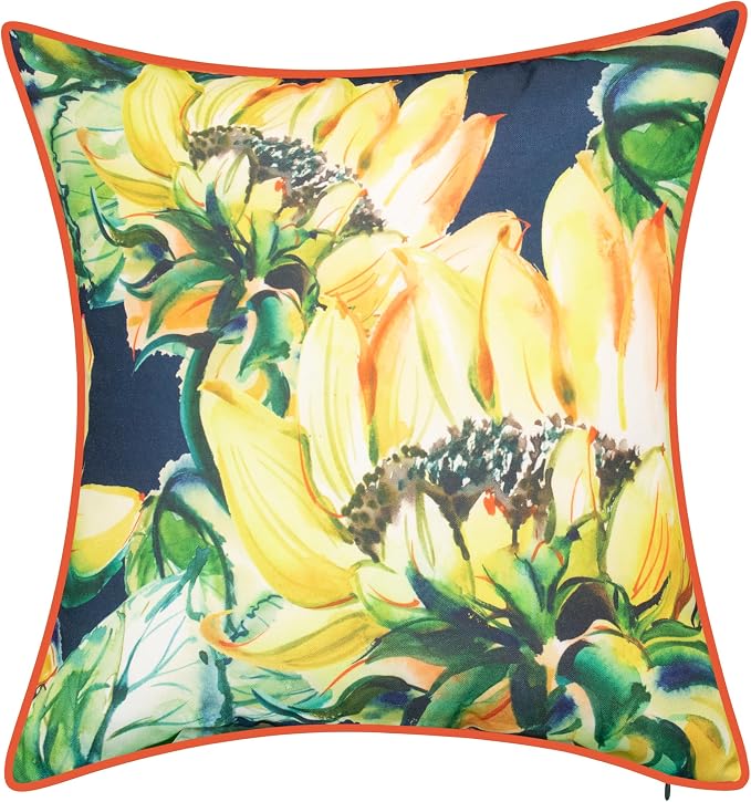 Edie At Home Watercolor Sunflower Square Decorative Throw Pillow for Patio Furniture, Sofa, Chair, or Bedroom, Reversible, Indoor and Outdoor Collection, 26 x 26 inches, Navy