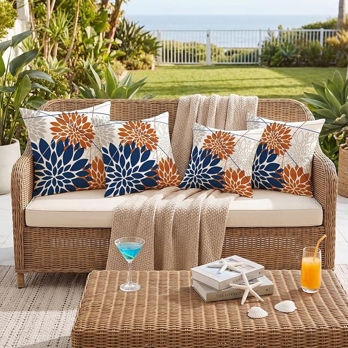 OTOSTAR Outdoor Dark Blue Orange Pillow Covers 20x20 Inch Set of 2 Beige Flower Throw Pillows Farmhouse Geometric Dahlia Floral Square Cushion Case Waterproof Decor for Sofa Patio Funiture Garden