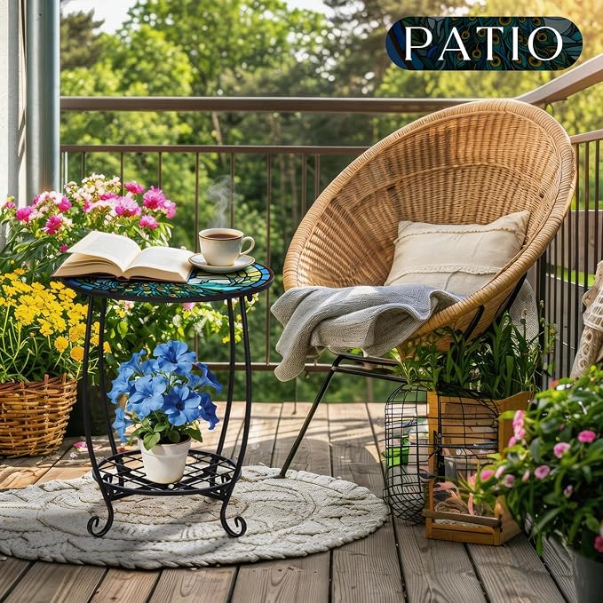Cinnvoice Outdoor Side Table Round Small Mosaic Patio Accent Indoor End Plant Coffee Tea Table for Yard Patio Porch Garden Living Room, Bedroom(Peacock Style,18 Inch)
