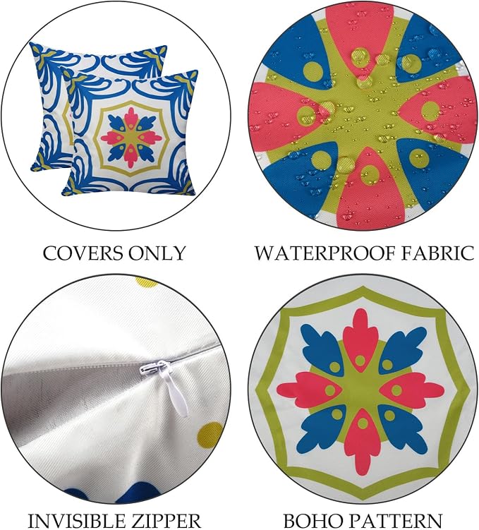Pyonic Outdoor Pillows Waterproof Throw Pillow Covers Set of 4 Floral Printed and Boho Farmhouse Outdoor Pillow Covers for Patio Funiture Garden 18x18 Inch