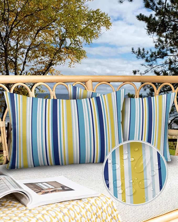 Blue Yellow Striped Outdoor Waterproof Pillow Covers, Farmhouse Navy Blue Ombre Stripes Decorative Rectangle Throw Pillowcase Sofa Cushion Sham for Patio/Couch/Chair, 20"x12" 2 Pack