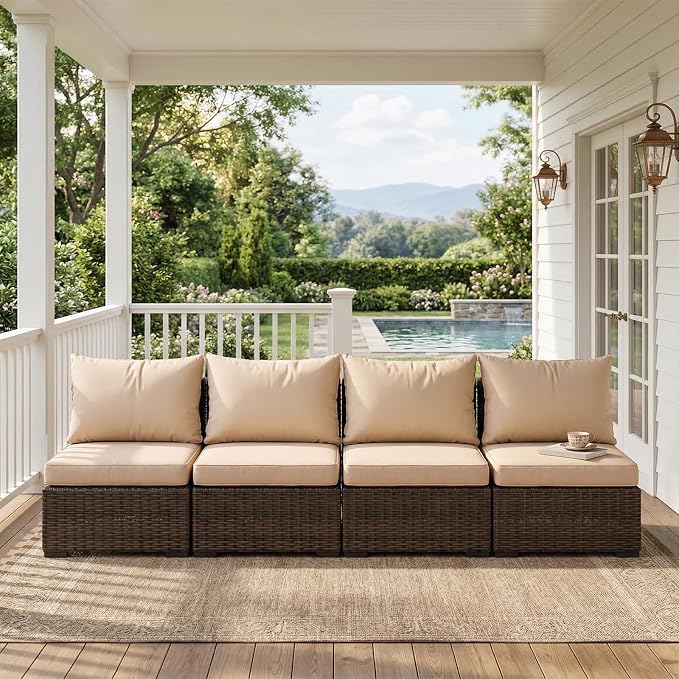 4 Pieces Patio Furniture Set, Outdoor PE Rattan Sectional Sofa with Soft Cushions for Backyard, Porch, and Poolside (Beige, 4 PCS)