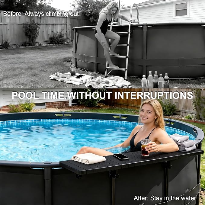 Swim Up Bar Table for Above Ground Pools - 49.4"×9.6" Galvanized Iron Black Pool Shelf, Holds 110lbs, Fits Top Rails of 4.48" or Less, for Round/Oval/Frame Swimming Pools
