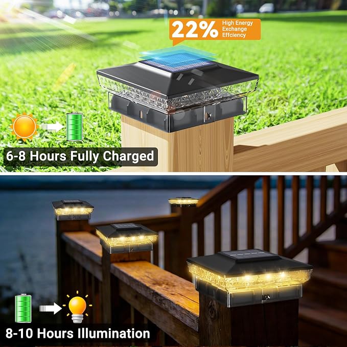 btfarm 4x4 Solar Post Cap Lights Outdoor, 2 Modes 16 LED Deck Fence Post Lights, 6 Pack Waterproof Solar Powered Lighting Outside Fit 4x4 3.5x3.5 Wooden/Vinyl for Porch Patio Garden, Black