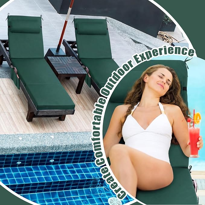RattanView 2 Pcs Outdoor Chaise Lounge Cushion with Pillow and Side Pockets Waterproof Lounge Chair Cushions for Outdoor Furniture Patio Lounger Pad for Outside Pool Lawn (Dark Green,72 x 21 x 4)