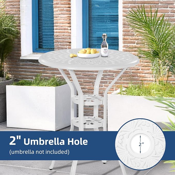 Outdoor Cast Aluminum Bar Table, 31" Patio Bar Height Table with 2" Umbrella Hole, All Weather High Top Bistro Round Dining Table for Outside Deck Porch Balcony Poolside, White