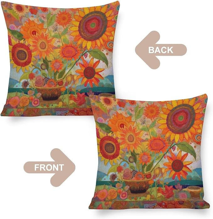 Throw Pillow Cover Retro Yellow Flower Pillow Case Colorful Painting of Sunflowers Decorative Throw Pillow Covers Modern Decorative Pillow Covers for Couch Sofa Bedroom Car 18"x18"
