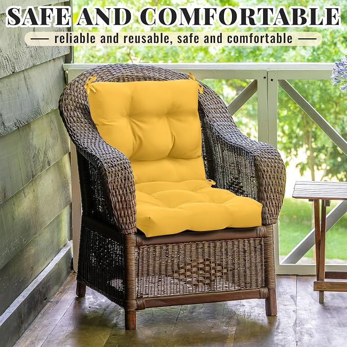 Marsui 4 Pcs Outdoor Indoor High Back Chair Cushions Patio Furniture Tufted Pillow with Ties Water-Resistant Replacement Outdoor Rocking Chair Cushions, 42 x 21 Inches (Yellow,Solid Color)