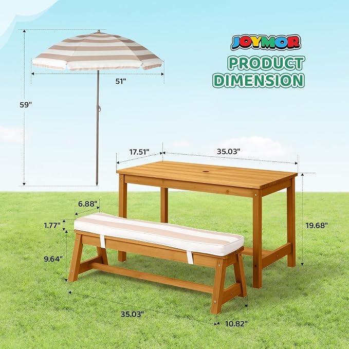 JOYMOR Kids Picnic Table Outdoor Wooden Table & Bench with Adjustable Umbrella, Picnic Table Set w/Removable Cushions for Backyard, Patio, Garden, Indoor(Natural)