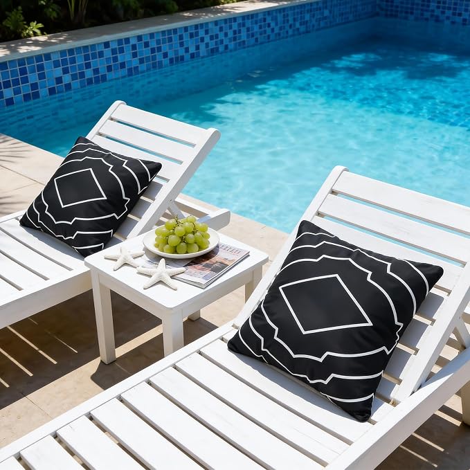 Waterproof Geometric Outdoor Pillow Covers 18x18 Inch Set of 2 | Black and White Geometric Throw Pillow Covers, Modern Decorative Cushion Cases for Patio Garden Porch Balcony Couch Sofa