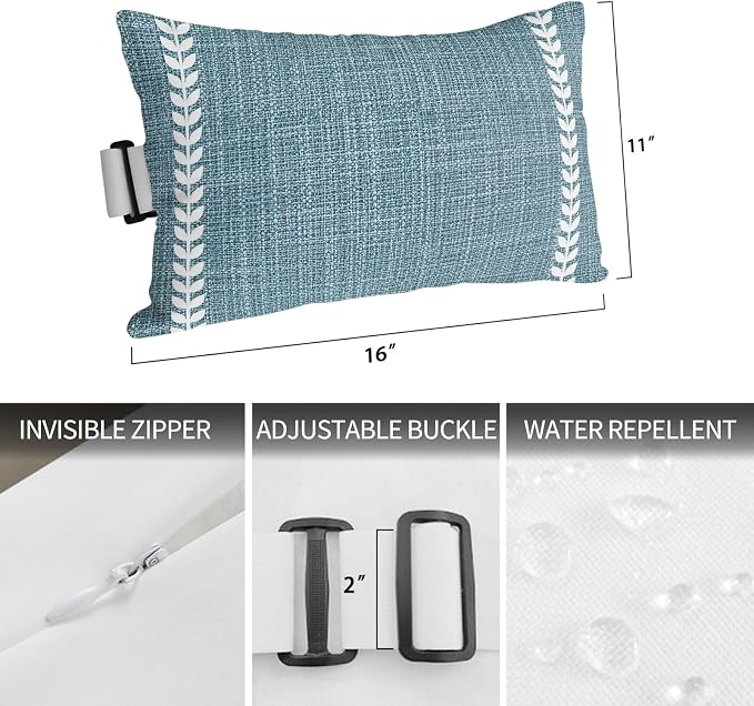 Modern Minimlist Outdoor Lumbar Pillow 11x16 Inch, Country Simple Vertical Leaf Pattern Blue Waterproof Throw Pillow Covers with Insert, Decorative Chair Cushions for Patio Garden Recliner