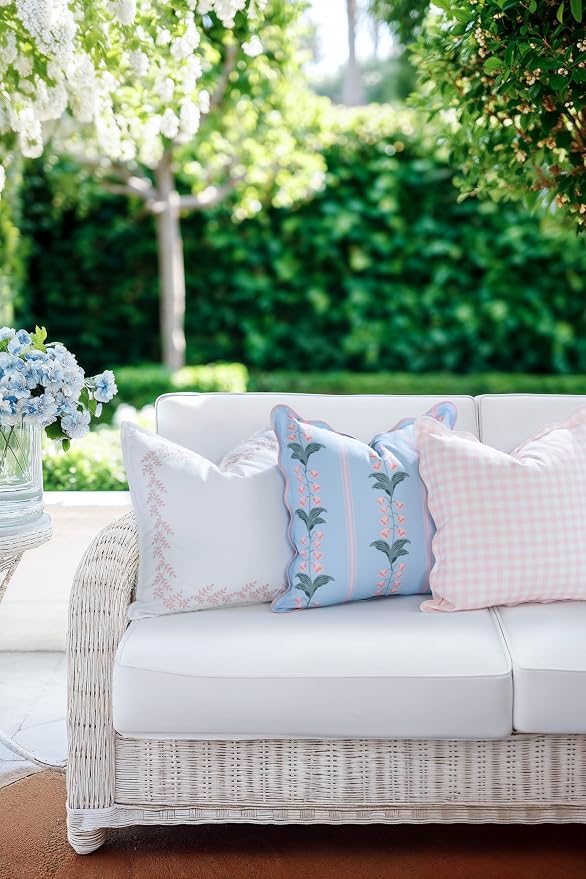 Hofdeco Premium Grandmillennial Patio Indoor Outdoor Throw Pillow Cover Only, 20"x20" Water Repellent for Backyard, Couch, Poolside, Blush Pink Embroidered Leaves Frame