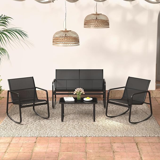 HAPPYGRILL 4 Pieces Patio Rocking Furniture Set with Loveseat, 2 Rocking Chairs & Glass-Top Coffee Table, Outdoor Porch Rocker Chair Conversation Set for Balcony, Poolside, Garden, Backyard (Black)