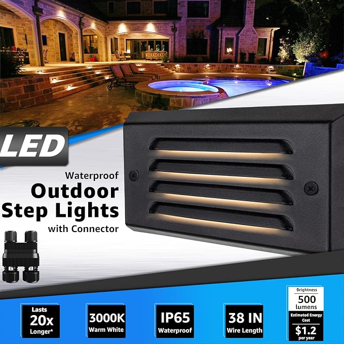 SUNVIE 6" Low Voltage Step Lights Outdoor 5W 3000K Black Aluminum 12-Pack | 90+ CRI, 500lm, 12-24V AC/DC, IP65 Waterproof, with Horizontal Louver Faceplate, with Fastlock2 Connectors, Deck Stair Lights