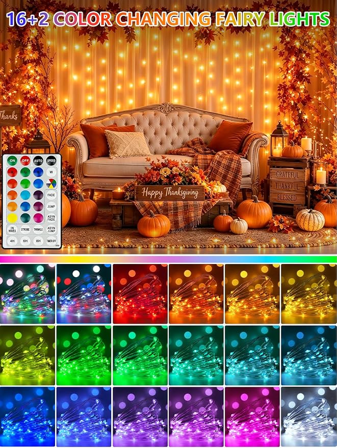 2 Pack 60 LED RGB Color Changing Fairy Lights Battery Operated with Remote | 20FT Christmas Twinkle String Lights with Timer 8 Modes 18 Colors, USB & Battery Powered, Waterproof Outdoor Halloween Decor