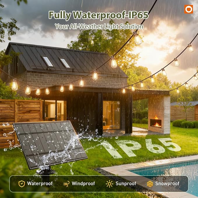 addlon 54(48+6)FT Solar String Lights Waterproof, with Remote& USB 24+2 LED | Shatterproof Bulbs Patio Lights Solar Powered, 3 Lighting Modes, Outdoor Lights for Camping Backyard Garden