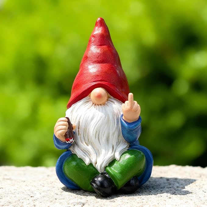 Middle Finger Gnome Statue 6.3in, Funny Smoking Garden Gnomes Yard Home Decoration - Hilarious Gag Birthday Gifts for Men Women, White Elephant Party - Indoor/Outdoor Decor