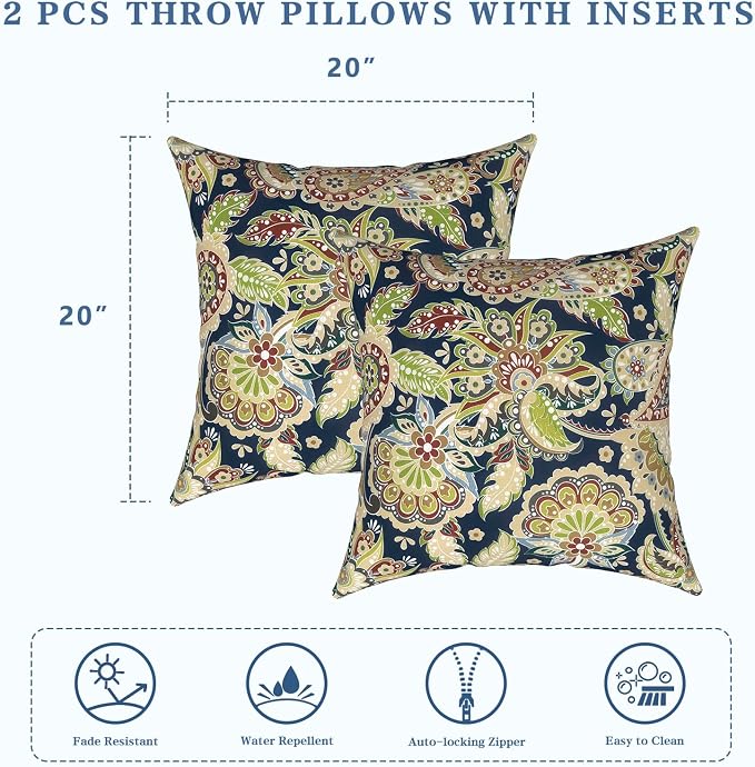 LVTXIII Outdoor Pillows 20x20 Inch, 2 Pack Large Decorative Square Throw Pillows with Inserts for Couch, Bed, Floor Seating, Patio Furniture, Paisley Bloom