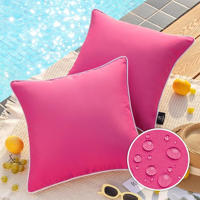 Phantoscope Pack of 2 Outdoor Waterproof Throw Pillow Covers Decorative Square Outdoor Pillows Cushion Case Patio Pillows for Couch Tent, Hot Pink 18x18 inches 45x45 cm