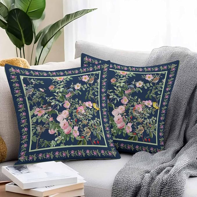 Vandarllin Outdoor Throw Pillows Covers 18x18 inch Set of 2 Waterproof Pink Floral Bird Decorative Zippered Cushion Covers for Patio Furniture, Green Leaves Branches Navy Blue Lumbar Pillowcases