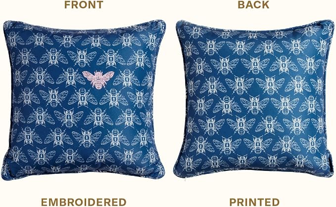 Honeycomb Indoor/Outdoor Square Toss Pillow for Patio Furniture, 17 x 17 | Nocturnal Blue Embroidered Bumble Bee Throw Pillow, Water & Fade Resistant for Patio Furniture Set