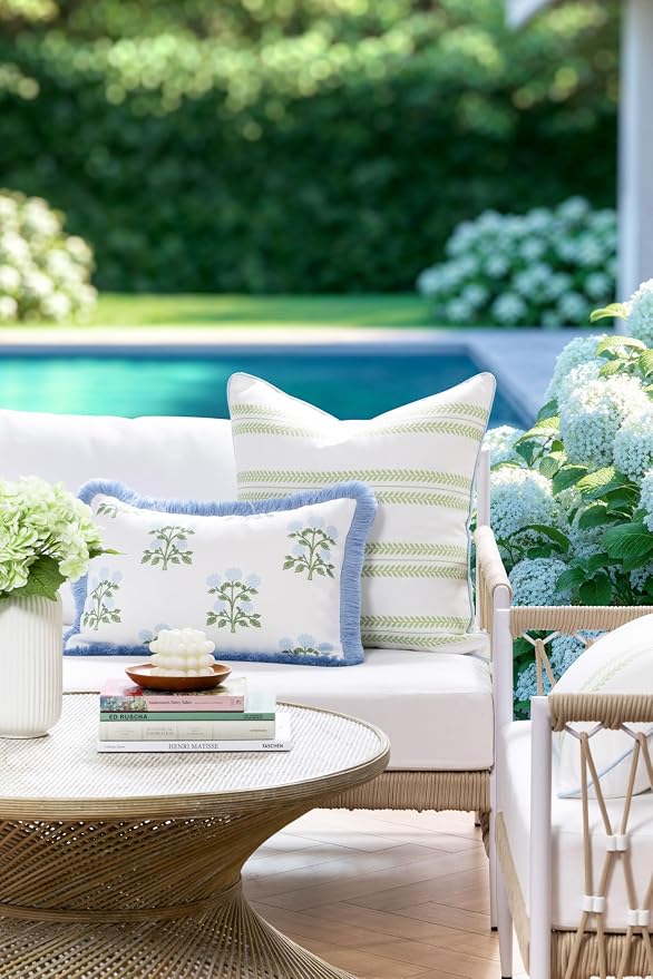 Hofdeco Premium Grandmillennial Coastal Hampton Patio Indoor Outdoor Lumbar Pillow Cover Only, 12"x20" Water Repellent for Backyard, Couch, Poolside, Baby Blue Green Print Hydrangea Flowers