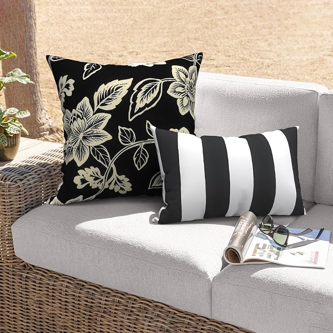 Outdoor 20x20 Inch Throw Pillows with Inners, Square Pillows Decorative Set of 2 for Home Garden Furniture, Elegant Vines Black